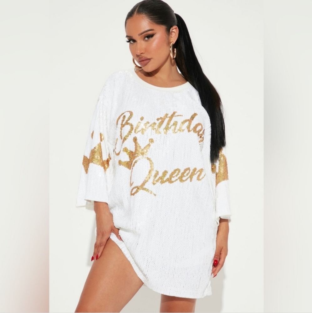 Fashion Nova Birthday Queen Sequin Tunic, Mini Dress~White Gold One Size